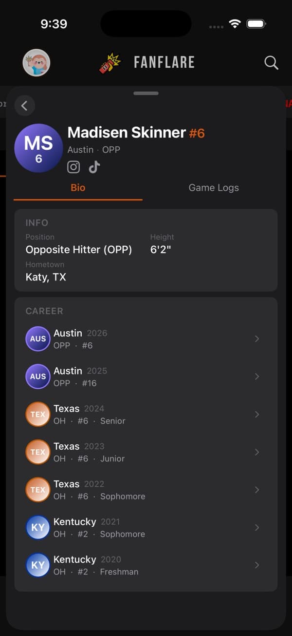 FanFlare App player profile for Madisen Skinner with bio and career history