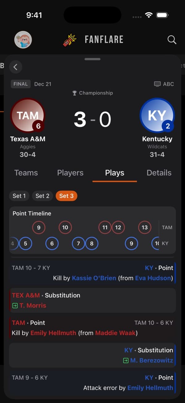 Set-by-set play-by-play timeline in the FanFlare App