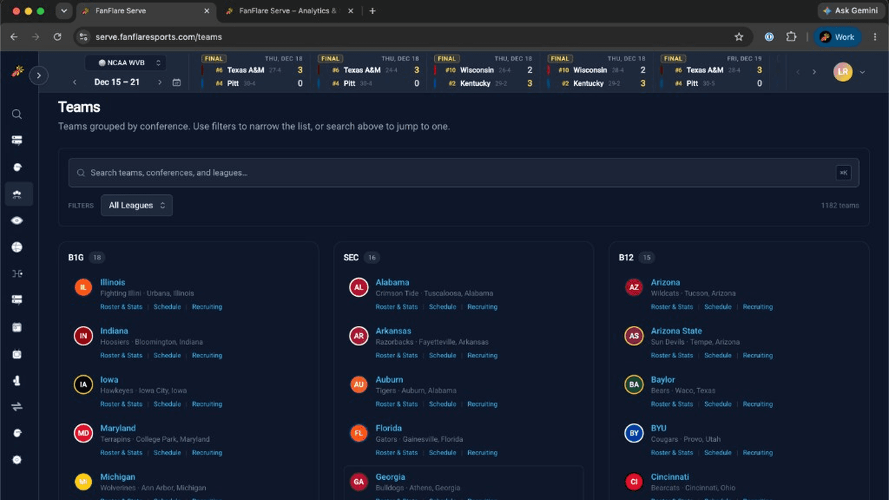 Serve teams directory grouped by conference with search and filters